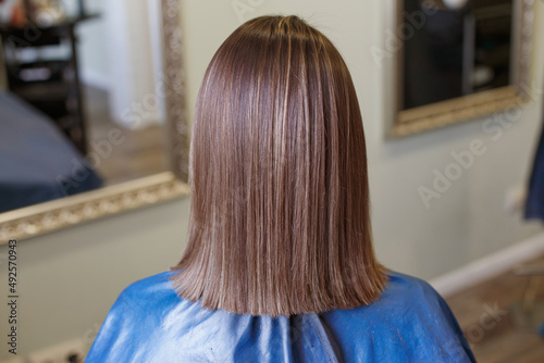brunette woman with shiny brown straight hair back view in salon