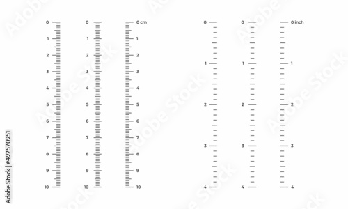 Vector illustration size indicators 10 cm and 4 inches isolated on white background. Set of measure instrument lines in flat style. Vertical measuring scale. Markup for ruler. Bar level meter template