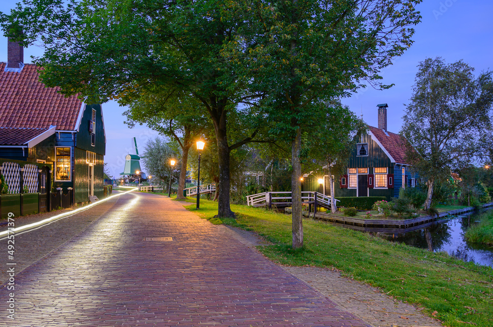 Idyllic View of the village Zaanse Schans at sunset, Netherlands Idyllic View of the village Zaanse Schans at sunset, Netherlands