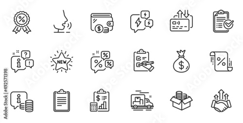 Outline set of Clipboard, Money bag and Loan percent line icons for web application. Talk, information, delivery truck outline icon. Include Report, Discounts chat, Wallet icons. Vector