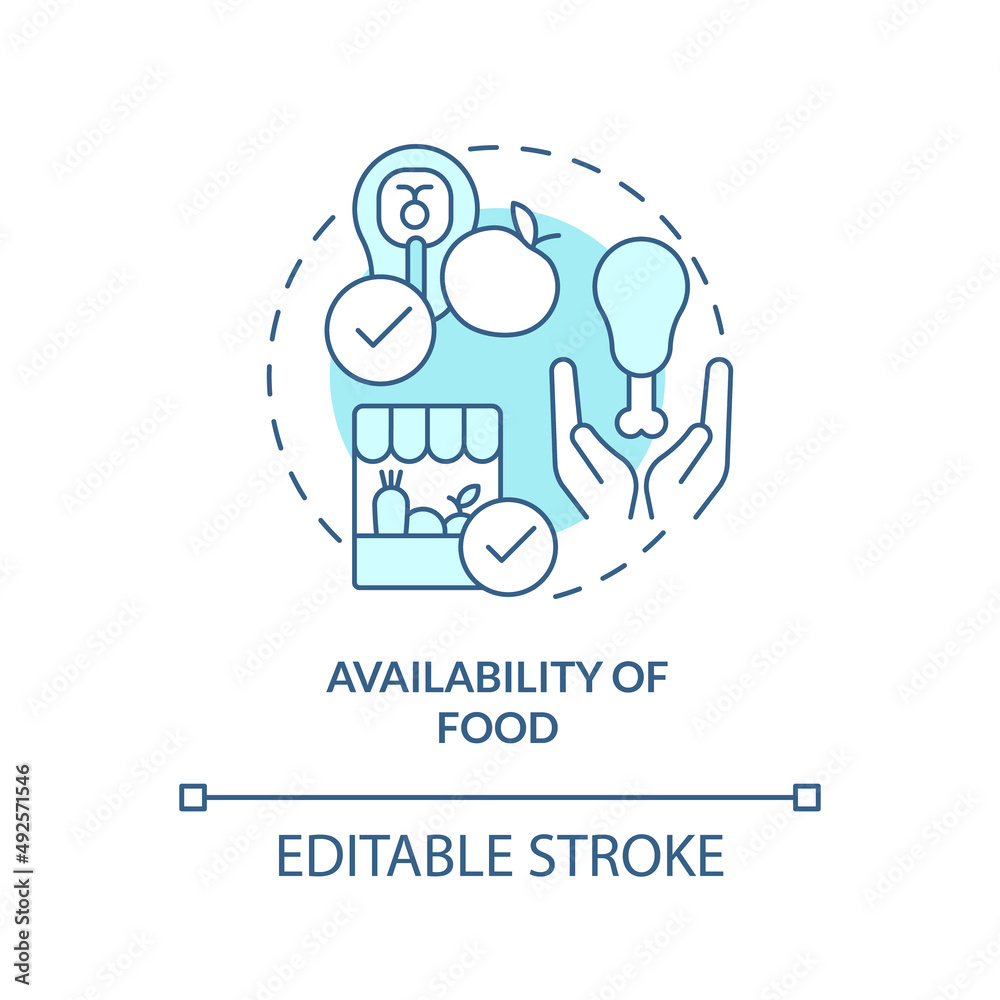 Availability of food turquoise concept icon. Food security basic definitions abstract idea thin line illustration. Isolated outline drawing. Editable stroke. Arial, Myriad Pro-Bold fonts used
