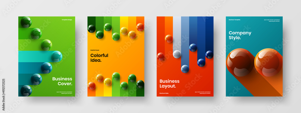 Geometric realistic balls leaflet illustration bundle. Isolated cover A4 vector design concept set.
