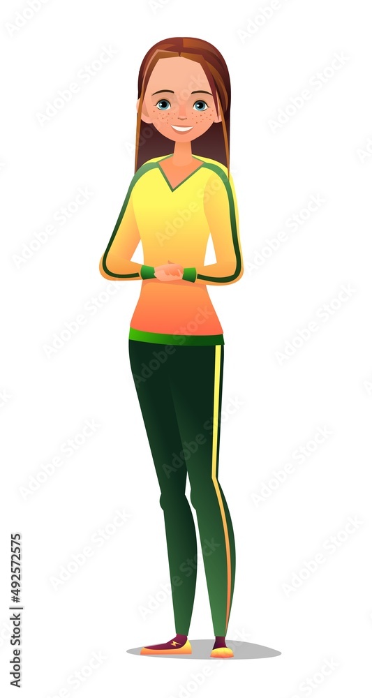 Little girl in tracksuit. Girl got ready for sports activities. Cheerful person. Standing pose. Cartoon comic style flat design. Single character. Illustration isolated on white background. Vector Little girl in tracksuit. Girl got ready for sports activities. Cheerful person. Standing pose. Cartoon comic style flat design. Single character. Illustration isolated on white background. Vector