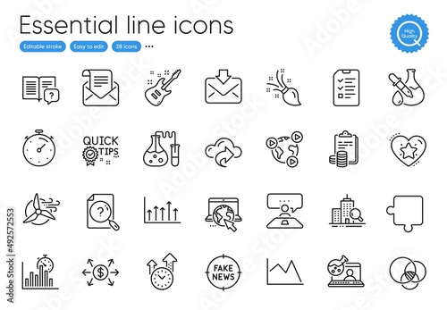 Timer, Brush and Chemistry experiment line icons. Collection of Fake news, Interview, Quick tips icons. Instruction manual, Time management, Online chemistry web elements. Puzzle. Vector