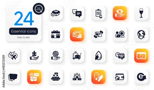 Set of Business flat icons. Refresh website, Water drop and Health eye elements for web application. Card, Puzzle, Business meeting icons. Speech bubble, Safe planet, Dots message elements. Vector