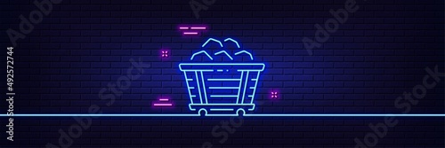 Neon light glow effect. Coal trolley line icon. Mine wagon sign. Stone or Rock cart symbol. 3d line neon glow icon. Brick wall banner. Coal trolley outline. Vector