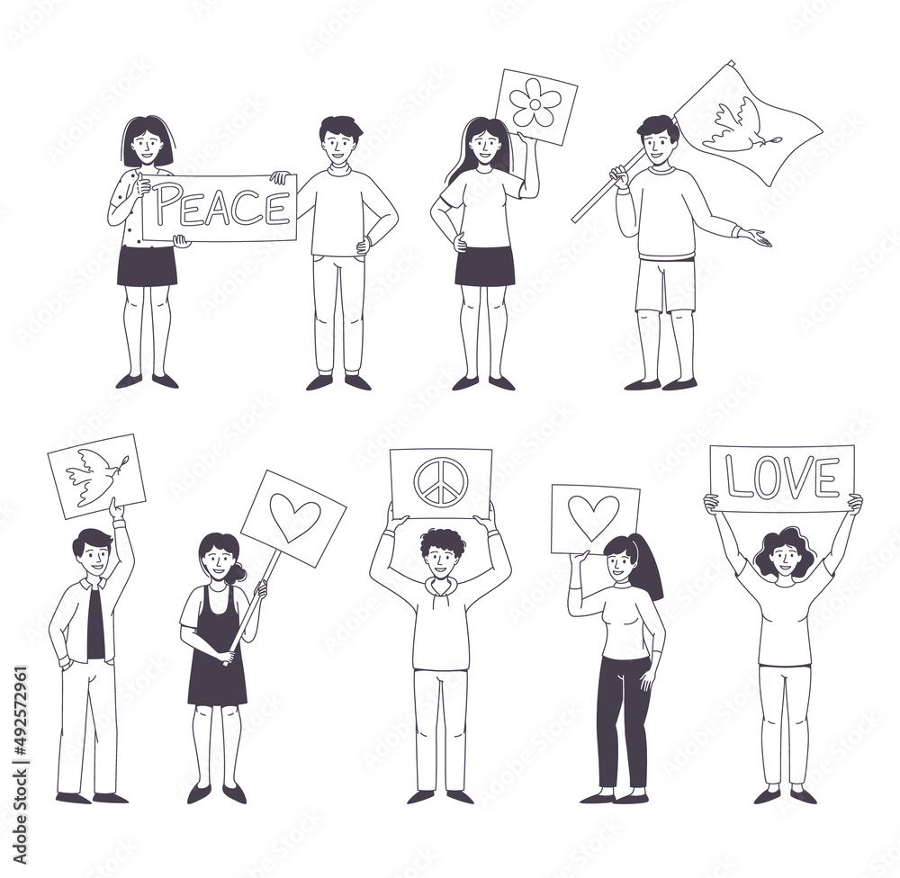 People Character Partaking in Demonstration for Love and Peace with Placard Vector Set People Character Partaking in Demonstration for Love and Peace with Placard Vector Set