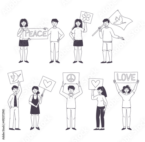 People Character Partaking in Demonstration for Love and Peace with Placard Vector Set