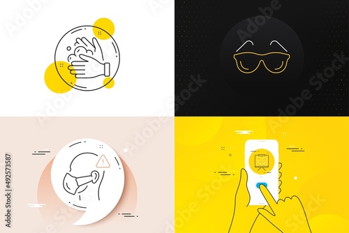 Minimal set of Medical mask, Wash hands and Eyeglasses line icons. Phone screen, Quote banners. Vision board icons. For web development. Face respirator, Soap washing, Optometry. Eye check. Vector