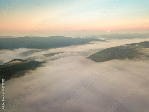 Morning fog in the Ukrainian Carpathians. Aerial drone view.