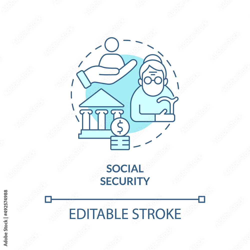 Social security turquoise concept icon. Federal social financial protection includes abstract idea thin line illustration. Isolated outline drawing. Editable stroke. Arial, Myriad Pro-Bold fonts used