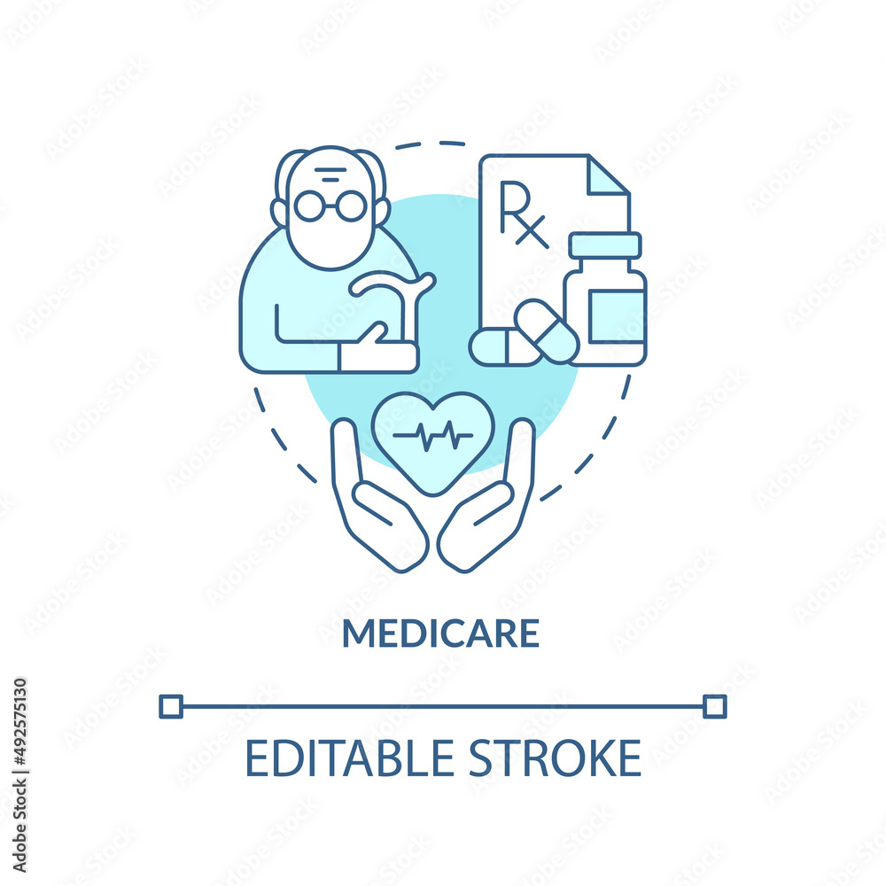 Fototapeta premium Medicare turquoise concept icon. Healthcare service. Federal social insurance abstract idea thin line illustration. Isolated outline drawing. Editable stroke. Arial, Myriad Pro-Bold fonts used