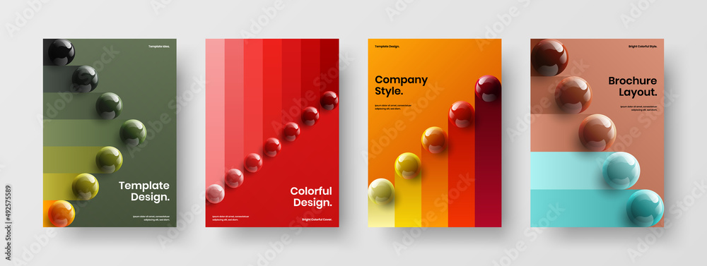 Vivid flyer vector design template bundle. Isolated realistic spheres poster layout composition.
