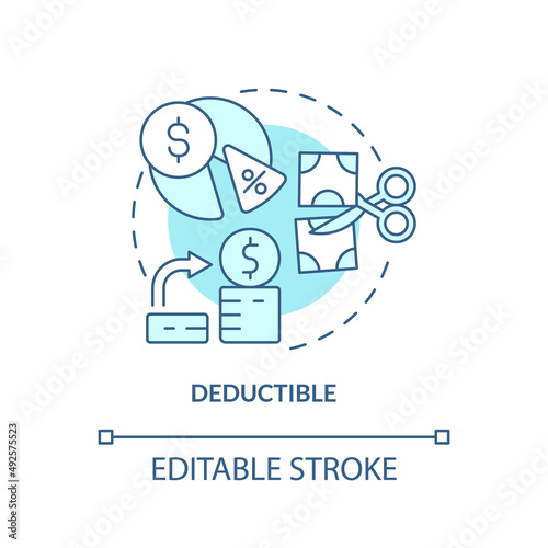 Deductible turquoise concept icon. Coverage payment before claim. Insurance component abstract idea thin line illustration. Isolated outline drawing. Editable stroke. Arial, Myriad Pro-Bold fonts used