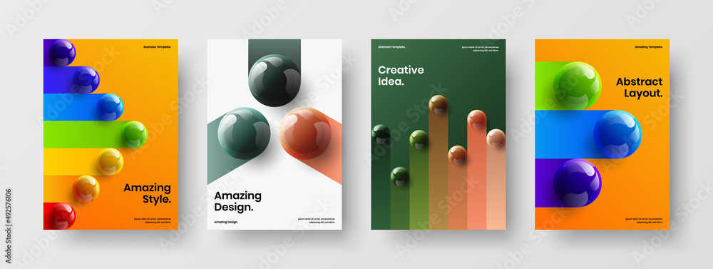 Geometric 3D balls brochure template composition. Abstract company identity vector design layout bundle.