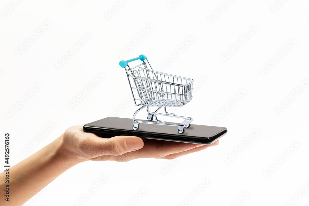 woman holding phone, shopping trolley on white background