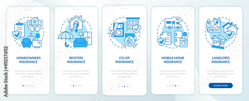 Property insurance types blue onboarding mobile app screen. Real estate walkthrough 5 steps graphic instructions pages with linear concepts. UI, UX, GUI template. Myriad Pro-Bold, Regular fonts used