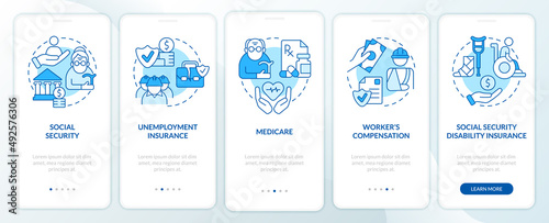 Federal social insurance blue onboarding mobile app screen. Payment walkthrough 5 steps graphic instructions pages with linear concepts. UI, UX, GUI template. Myriad Pro-Bold, Regular fonts used