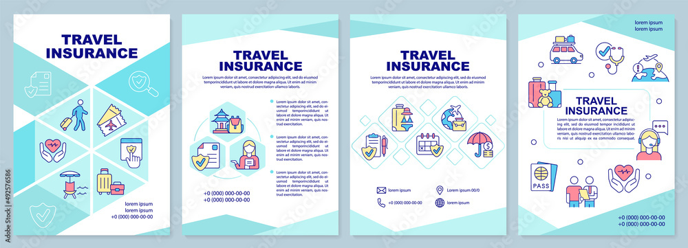 Travel insurance turquoise brochure template. Tourist coverage. Leaflet design with linear icons. 4 vector layouts for presentation, annual reports. Arial-Black, Myriad Pro-Regular fonts used