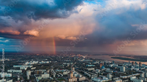 Khabarovsk city top view sunset beautiful clouds in the rain