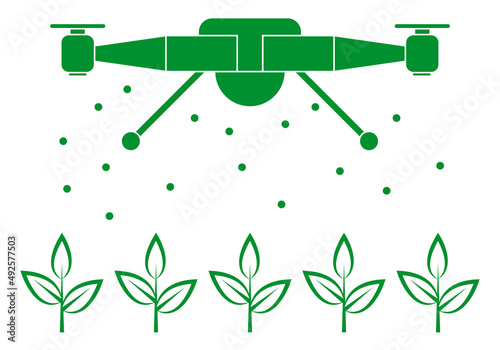 Icono verde de dron echando fertilizante. 