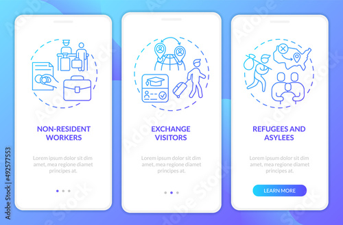 Migration pathways blue gradient onboarding mobile app screen. Access walkthrough 3 steps graphic instructions pages with linear concepts. UI, UX, GUI template. Myriad Pro-Bold, Regular fonts used