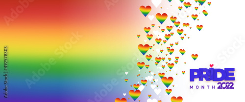 LGBT Pride Month 2022 concept. Freedom rainbow flag with hearts. Gay parade annual summer event. Design 2022 logo pride flag representing LGBTQ pride. Vector illustration Isolated on white background.