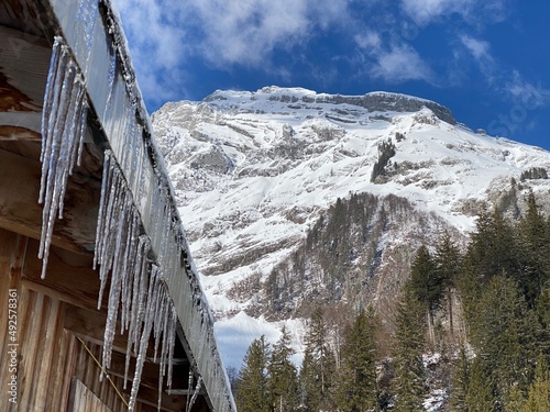 Snow-capped alpine peak Stoss (or Stooss, 2112 m) in Alpstein mountain range and in Appenzell Alps massif, Unterwasser - Canton of St. Gallen, Switzerland (Schweiz) photo