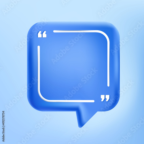 Vector illustration. 3d minimalist poster. Quote frame blank template. Isolated textbox. Citation empty speech bubbles. Blue color background. Square simple shape. Social media template, web banner