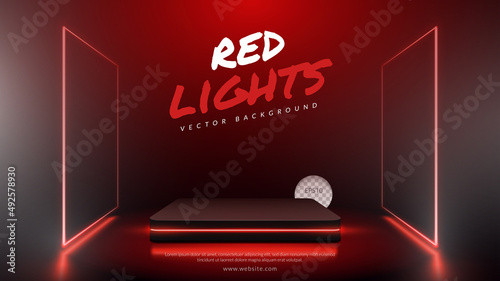 Podium with red lights, Concept of design for product display. Layout horizontal, Vector illustration