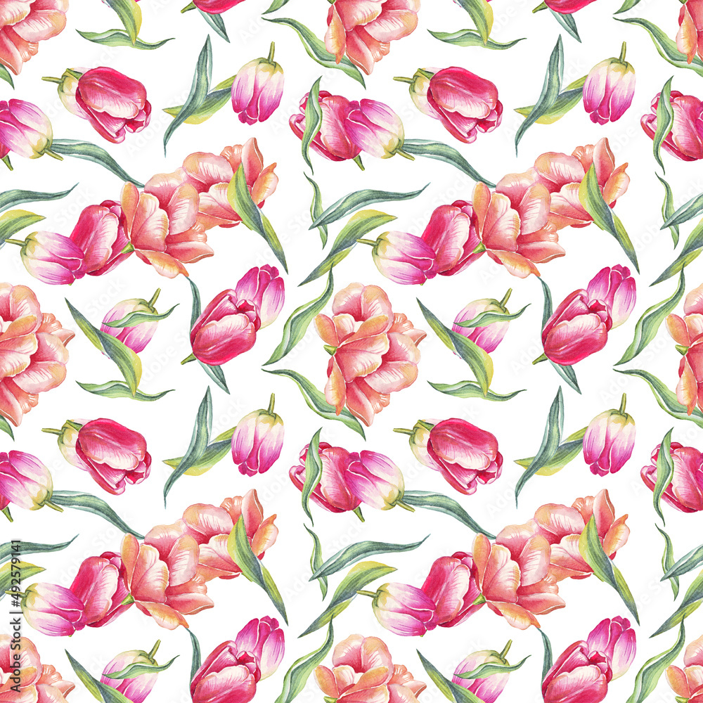 Watercolor tulips. Seamless pattern. Hand-painted Watercolor tulips. Seamless pattern. Hand-painted
