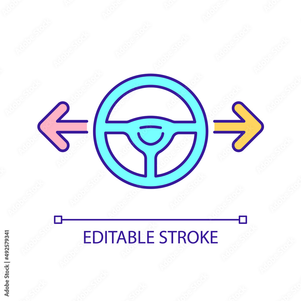 Choosing way to drive RGB color icon. Steering wheel and arrows aside. Driving school courses. Isolated vector illustration. Simple filled line drawing. Editable stroke. Arial font used Choosing way to drive RGB color icon. Steering wheel and arrows aside. Driving school courses. Isolated vector illustration. Simple filled line drawing. Editable stroke. Arial font used