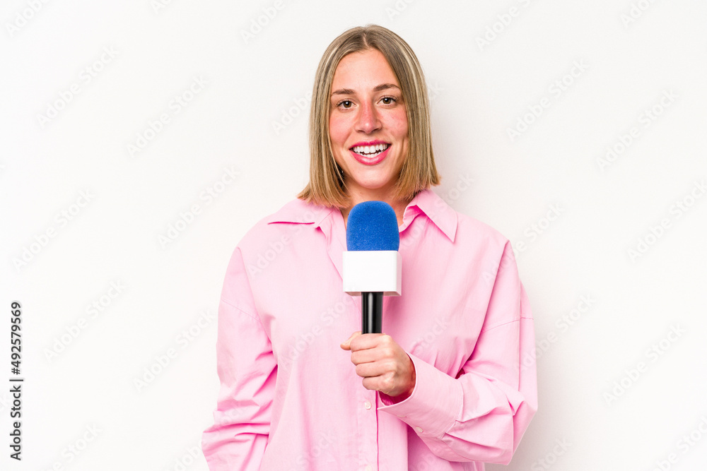 Young caucasian journalist woman isolated on white background Young caucasian journalist woman isolated on white background