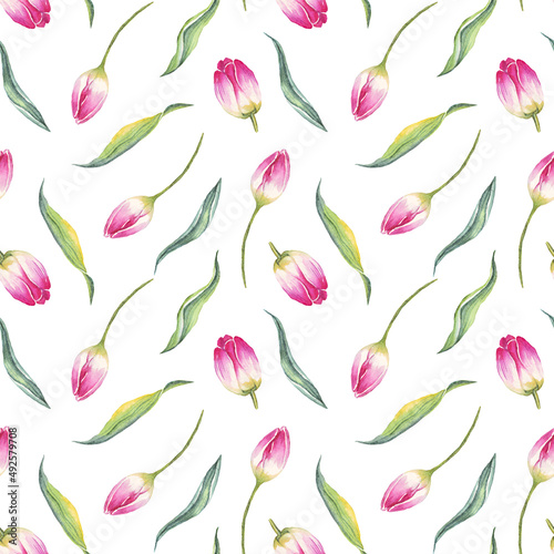 Watercolor tulips. Seamless pattern. Hand-painted