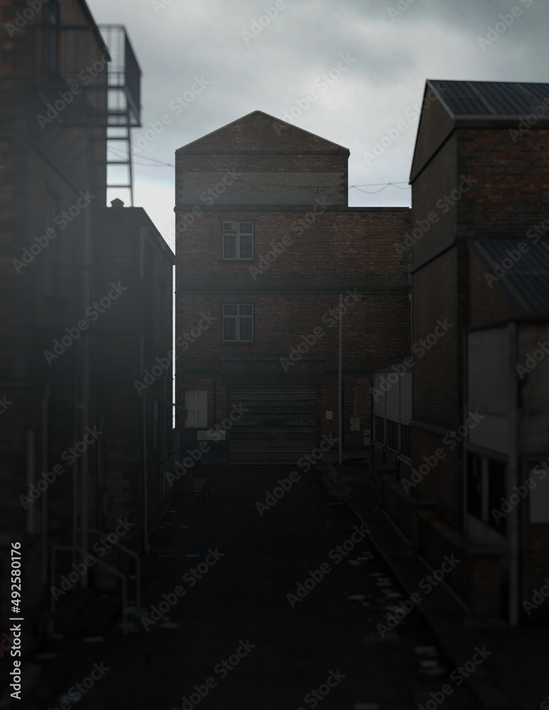 Dark alley in an industrial district under a cloudy sky. 3D render. Dark alley in an industrial district under a cloudy sky. 3D render.
