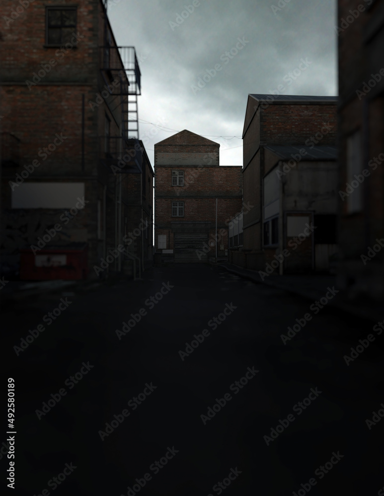 Dark alley in an industrial district under a cloudy sky. 3D render.