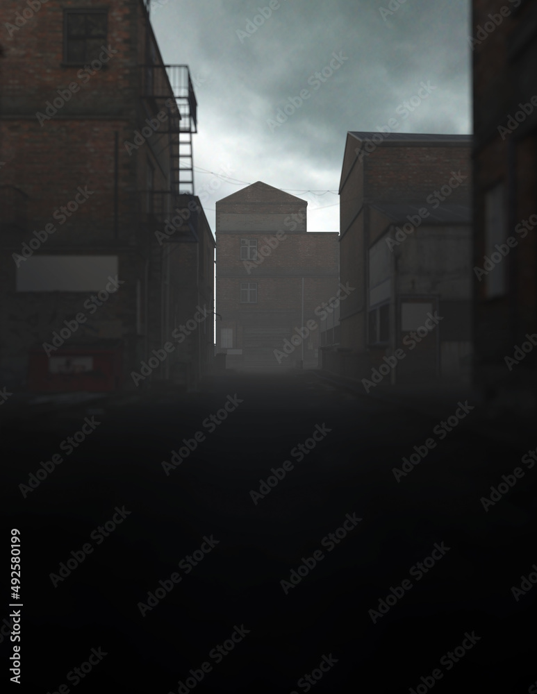 Misty empty alley in an industrial district on a cloudy day. 3D render.