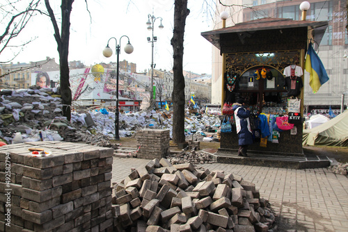 Kyiv, Ukraine - 8th of March, 2014: City center with piles of pavement stones and tires not far from Maidan. High quality photo