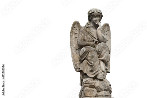 The stone sculpture of a sitting faceless angel on the white background