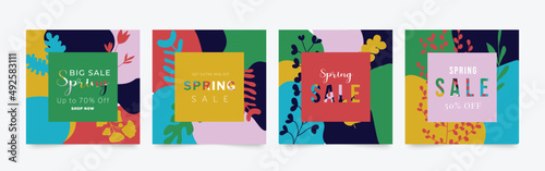Spring season floral square cover template. Set of banner design with flowers, leaves and branch in line art pattern. Watercolor blossom for social media post, internet, ads, business.
