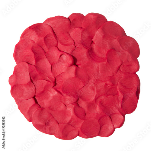 Stain of red plasticine modeling clay texture isolated on white background. Plasticine finger textured background. Top view, closeup.