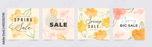 Spring season floral square cover template. Set of banner design with flowers, leaves and branch in line art pattern. Watercolor blossom for social media post, internet, ads, business.