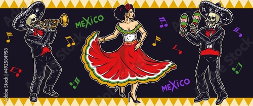 Mariachi colorful vintage concept with performers