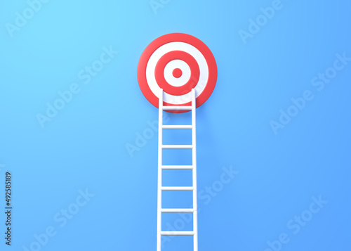 Step ladder and target on a blue wall with copy space. 3d rendering 3d illustration