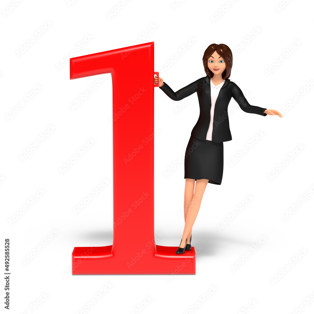 Illustration of a business girl standing on the number one. The concept of leadership, superiority. 3D Render Illustration of a business girl standing on the number one. The concept of leadership, superiority. 3D Render