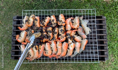 grilled prawn on the grill. Prawn. Grilled River Prawn.