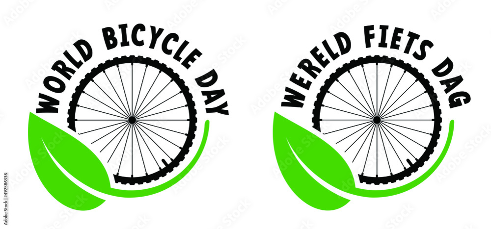 Slogan world bicycle day and translated into Dutch werld fiets dag. Cycling wheels. Sport icon. Cyclist wheel logo or pictogram. Cycling or bike rims symbol. wheels with spokes. Bicycle wheels spoke. 