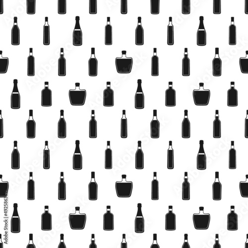 Seamless background with alcohol bottles silhouettes on a white background. Pattern with different alcoholic drinks including liqueur  wine  champagne. Pattern for menu  wrapping paper  packaging.
