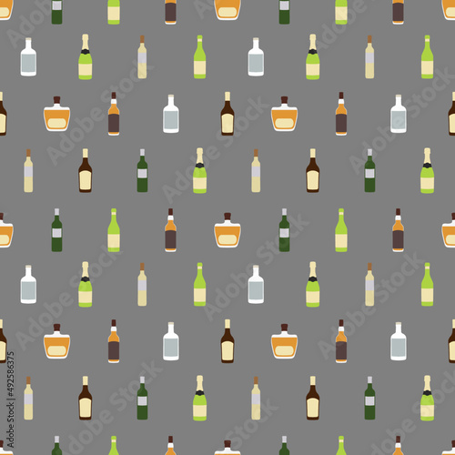 Colorful seamless pattern with different bottles of alcohol drinks drawn in a flat style. Background with wine and strong alcoholic drinks. Wrapping paper for wine store; a template for the menu.