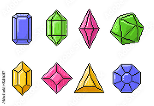 Pixel gems icons. Pixel game elements. Games ui magic stones vector illustration set. Digital pixelated 8 bit game symbols.